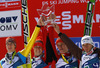 Winning team of Slovenia with Andraz Pograjc (L), Jurij Tepes (2nd from L), Primoz Prevc (2nd from R) and Robert Kranjec (R) celebrate their victory in team competition on day 2 in FIS Ski jumping World cup finals in Planica, Slovenia. Team competition of FIS ski jumping World cup finals was held on HS215 ski flying hill in Planica, Slovenia, on Saturday, 23rd of March 2013.
