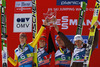 Winning team of Slovenia with Andraz Pograjc (L), Jurij Tepes (2nd from L), Primoz Prevc (2nd from R) and Robert Kranjec (R) celebrate their victory in team competition on day 2 in FIS Ski jumping World cup finals in Planica, Slovenia. Team competition of FIS ski jumping World cup finals was held on HS215 ski flying hill in Planica, Slovenia, on Saturday, 23rd of March 2013.

