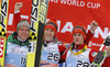 Winner Jurij Tepes of Slovenia (M), second placed Rune Velta of Norway (L) and third placed Peter Prevc of Slovenia (R) celebrate their medals won in individual competition on day 3 in FIS Ski jumping World cup finals in Planica, Slovenia. Last individual competition of FIS ski jumping World cup finals was held on HS215 ski flying hill in Planica, Slovenia, on Sunday, 24th of March 2013.
