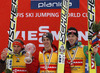 Overall FIS Ski flying world cup winner Gregor Schlierenzauer of Austria (M), second placed Robert Kranjec of Slovenia (L) and third placed Andreas Stjernen of Norway (R) celebrate their medals and small crystal globe won in FIS Ski Flying World cup 2013-2014. Small crystal globe for FIS Ski flying World cup 2013-2014 were presented after last individual competition of FIS ski jumping World cup finals which was held on HS215 ski flying hill in Planica, Slovenia, on Sunday, 24th of March 2013.
