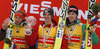 Overall FIS Ski flying world cup winner Gregor Schlierenzauer of Austria (M), second placed Robert Kranjec of Slovenia (L) and third placed Andreas Stjernen of Norway (R) celebrate their medals and small crystal globe won in FIS Ski Flying World cup 2013-2014. Small crystal globe for FIS Ski flying World cup 2013-2014 were presented after last individual competition of FIS ski jumping World cup finals which was held on HS215 ski flying hill in Planica, Slovenia, on Sunday, 24th of March 2013.
