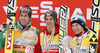 Overall FIS Ski jumping world cup winner Gregor Schlierenzauer of Austria (M), second placed Anders Bardal of Norway (L) and third placed Kamil Stoch of Poland (R) celebrate their medals and crystal globe won in FIS Ski Jumping World cup 2012-2013. Crystal globe for FIS Ski jumping World cup 2012-2013 was presented after last individual competition of FIS ski jumping World cup finals which was held on HS215 ski flying hill in Planica, Slovenia, on Sunday, 24th of March 2013.
