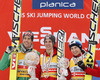 Overall FIS Ski jumping world cup winner Gregor Schlierenzauer of Austria (M), second placed Anders Bardal of Norway (L) and third placed Kamil Stoch of Poland (R) celebrate their medals and crystal globe won in FIS Ski Jumping World cup 2012-2013. Crystal globe for FIS Ski jumping World cup 2012-2013 was presented after last individual competition of FIS ski jumping World cup finals which was held on HS215 ski flying hill in Planica, Slovenia, on Sunday, 24th of March 2013.
