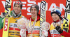 Overall FIS Ski jumping world cup winner Gregor Schlierenzauer of Austria (M), second placed Anders Bardal of Norway (L) and third placed Kamil Stoch of Poland (R) celebrate their medals and crystal globe won in FIS Ski Jumping World cup 2012-2013. Crystal globe for FIS Ski jumping World cup 2012-2013 was presented after last individual competition of FIS ski jumping World cup finals which was held on HS215 ski flying hill in Planica, Slovenia, on Sunday, 24th of March 2013.
