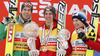 Overall FIS Ski jumping world cup winner Gregor Schlierenzauer of Austria (M), second placed Anders Bardal of Norway (L) and third placed Kamil Stoch of Poland (R) celebrate their medals and crystal globe won in FIS Ski Jumping World cup 2012-2013. Crystal globe for FIS Ski jumping World cup 2012-2013 was presented after last individual competition of FIS ski jumping World cup finals which was held on HS215 ski flying hill in Planica, Slovenia, on Sunday, 24th of March 2013.
