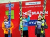 Second placed Andreas Wellinger of Germany, winner Sieger Krzysztof Biegun of Poland, and third placed Jurij Tepes of slovenia celebrate their medals won in Mens FIS Ski Jumping world cup at the Vogtland Arena in Klingenthal, Germany on 2013/11/24.

