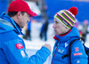 Head coach of Austria ski jumping team, Alexander Pointner speaks with Thomas Diethart (AUT) during practice Jump of 62nd Four Hills Tournament of FIS Ski Jumping World Cup at the Olympiaschanze, Garmisch Partenkirchen, Germany on 2013/12/31.
