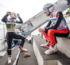 Thomas Diethart (AUT) speaks with Simon Ammann (SUI) during Trial Jump of 62nd Four Hills Tournament of FIS Ski Jumping World Cup at the Bergisel Schanze, Innsbruck, Austria on 2014/01/04.
