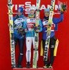 Gregor Schlierenzauer (AUT), Peter Prevc (SLO) and Noriaki Kasai (JPN) during the winners ceremony of FIS Ski Flying World Cup at the Kulm, Bad Mitterndorf, Austria on 2014/01/12.
