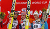 Winner Severin Freund of Germany (M), second placed Anders Bardal of Norway (L) and third placed Peter Prevc of Slovenia (R) celebrate their medals won in Viessmann FIS ski jumping World cup in Planica, Slovenia. Race of Viessmann FIS ski jumping World cup 2013-2014 was held on Friday, 21st of March 2014 on HS139 ski jumping hill in Planica, Slovenia.
