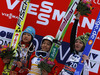 Winner Sara Takanashi of Japan (M), second placed Yuki Ito of Japan (L) and third placed Julia Clair of France (R) celebrate their medals won in women race of Viessmann FIS ski jumping World cup in Planica, Slovenia. Women race of Viessmann FIS ski jumping World cup 2013-2014 was held on Saturday, 22nd of March 2014 on HS139 ski jumping hill in Planica, Slovenia.
