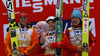 Overall World cup winner Sara Takanashi of Japan (M), second placed Carina Vogt of Germany (L) and third placed Yuki Ito of Japan (R) celebrate their success with crystal trophy and medals after women race of Viessmann FIS ski jumping World cup in Planica, Slovenia. Women race of Viessmann FIS ski jumping World cup 2013-2014 was held on Saturday, 22nd of March 2014 on HS139 ski jumping hill in Planica, Slovenia.
