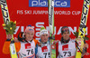 Winner Peter Prevc of Slovenia (M), second placed Severin Freund of Germany (L) and third placed Anders Bardal of Norway (R) celebrate their medals won in the last race of Viessmann FIS ski jumping World cup season 2013-2014 in Planica, Slovenia. Last race of Viessmann FIS ski jumping World cup season 2013-2014 was held on Sunday, 23rd of March 2014 on HS139 ski jumping hill in Planica, Slovenia.
