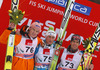 Winner Peter Prevc of Slovenia (M), second placed Severin Freund of Germany (L) and third placed Anders Bardal of Norway (R) celebrate their medals won in the last race of Viessmann FIS ski jumping World cup season 2013-2014 in Planica, Slovenia. Last race of Viessmann FIS ski jumping World cup season 2013-2014 was held on Sunday, 23rd of March 2014 on HS139 ski jumping hill in Planica, Slovenia.
