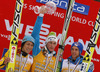 Winner of FIS Ski flying overall World cup Peter Prevc of Slovenia (M), second placed Noriaki Kasai of Japan (L) and third placed Gregor Schlierenzauer of Austria (R) celebrate their overall FIS Ski flying World cup medals after last race of Viessmann FIS ski jumping World cup season 2013-2014 in Planica, Slovenia. Last race of Viessmann FIS ski jumping World cup season 2013-2014 was held on Sunday, 23rd of March 2014 on HS139 ski jumping hill in Planica, Slovenia.
