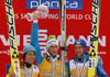 Winner of FIS Ski flying overall World cup Peter Prevc of Slovenia (M), second placed Noriaki Kasai of Japan (L) and third placed Gregor Schlierenzauer of Austria (R) celebrate their overall FIS Ski flying World cup medals after last race of Viessmann FIS ski jumping World cup season 2013-2014 in Planica, Slovenia. Last race of Viessmann FIS ski jumping World cup season 2013-2014 was held on Sunday, 23rd of March 2014 on HS139 ski jumping hill in Planica, Slovenia.
