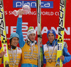 Winner of FIS Ski flying overall World cup Peter Prevc of Slovenia (M), second placed Noriaki Kasai of Japan (L) and third placed Gregor Schlierenzauer of Austria (R) celebrate their overall FIS Ski flying World cup medals after last race of Viessmann FIS ski jumping World cup season 2013-2014 in Planica, Slovenia. Last race of Viessmann FIS ski jumping World cup season 2013-2014 was held on Sunday, 23rd of March 2014 on HS139 ski jumping hill in Planica, Slovenia.
