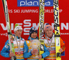 Overall winner Kamil Stoch of Poland (M), second placed Peter Prevc of Slovenia (L) and third placed Severin Freund of Germany (R) celebrate winning overall FIS Ski jumping World cup with his crystal globe and medals after last race of Viessmann FIS ski jumping World cup season 2013-2014 in Planica, Slovenia. Last race of Viessmann FIS ski jumping World cup season 2013-2014 was held on Sunday, 23rd of March 2014 on HS139 ski jumping hill in Planica, Slovenia.
