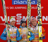 Overall winner Kamil Stoch of Poland (M), second placed Peter Prevc of Slovenia (L) and third placed Severin Freund of Germany (R) celebrate winning overall FIS Ski jumping World cup with his crystal globe and medals after last race of Viessmann FIS ski jumping World cup season 2013-2014 in Planica, Slovenia. Last race of Viessmann FIS ski jumping World cup season 2013-2014 was held on Sunday, 23rd of March 2014 on HS139 ski jumping hill in Planica, Slovenia.
