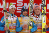 Overall winner Kamil Stoch of Poland (M), second placed Peter Prevc of Slovenia (L) and third placed Severin Freund of Germany (R) celebrate winning overall FIS Ski jumping World cup with his crystal globe and medals after last race of Viessmann FIS ski jumping World cup season 2013-2014 in Planica, Slovenia. Last race of Viessmann FIS ski jumping World cup season 2013-2014 was held on Sunday, 23rd of March 2014 on HS139 ski jumping hill in Planica, Slovenia.
