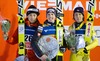 Second placed Daiki Ito (JPN), winner Simon Ammann (SUI) and third placed Noriaki Kasai (JPN) during Mens Competition of FIS Ski Jumping World Cup at the Nordic Arena in Ruka, Finland on 2014/11/28.
