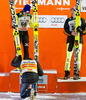 ex aequo Sieger Simon Ammann (SUI, kniend) und Noriaki Kasai (JPN), drittplatzierter Severin Freund (GER) during Mens Competition of FIS Ski Jumping World Cup at the Nordic Arena in Ruka, Finland on 2014/11/29.

