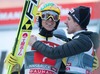 3rd placed Noriaki Kasai of Japan and Simon Ammann of Switzerland celebrates after his second competition jump for the 63rd Four Hills Tournament of FIS Ski Jumping World Cup at the Bergisel Schanze in Innsbruck, Austria on 2015/01/04.
