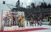 Second placed Stefan Kraft of Austria ( L ), Winner Richard Freitag of Germany ( C ) and the third placed Simon Ammann of Switzerland ( C ) and Noriaki Kasai of Japan ( R ) celebrate on podium during the awards ceremony for the 63rd Four Hills Tournament of FIS Ski Jumping World Cup at the Bergisel Schanze in Innsbruck, Austria on 2015/01/04.
