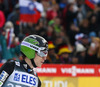 Second placed Jurij Tepes of Slovenia reacts in outrun of the ski flying hill during the 35th race of Viessmann FIS ski jumping World cup season 2014-2015 in Planica, Slovenia. Ski flying competition of Viessmann FIS ski jumping World cup season 2014-2015 was held on Friday, 20th of March 2015 on HS225 ski flying hill in Planica, Slovenia.
