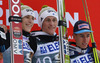 Winner Peter Prevc of Slovenia (M), second placed Jurij Tepes of Slovenia (L) and third placed Stefan Kraft of Austria (R) celebrate their medals won in the 35th race of Viessmann FIS ski jumping World cup season 2014-2015 in Planica, Slovenia. Ski flying competition of Viessmann FIS ski jumping World cup season 2014-2015 was held on Friday, 20th of March 2015 on HS225 ski flying hill in Planica, Slovenia.
