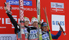 Winner Peter Prevc of Slovenia (M), second placed Jurij Tepes of Slovenia (L) and third placed Stefan Kraft of Austria (R) celebrate their medals won in the 35th race of Viessmann FIS ski jumping World cup season 2014-2015 in Planica, Slovenia. Ski flying competition of Viessmann FIS ski jumping World cup season 2014-2015 was held on Friday, 20th of March 2015 on HS225 ski flying hill in Planica, Slovenia.
