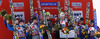 Winning team of Slovenia, second placed team of Austria and third placed team of Norway celebrate their medals won in the team competition of Viessmann FIS ski jumping World cup season 2014-2015 in Planica, Slovenia. Ski flying team competition of Viessmann FIS ski jumping World cup season 2014-2015 was held on Saturday, 21st of March 2015 on HS225 ski flying hill in Planica, Slovenia.
