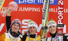 Winner Peter Prevc of Slovenia (M), second placed Severin Freund of Germany (L) and third placed Jurij Tepes of Slovenia (R) celebrate their medals for overall victory in the Viessmann FIS ski flying World cup season 2014-2015 in Planica, Slovenia. Final competition of Viessmann FIS ski jumping World cup season 2014-2015 was held on Sunday, 22nd of March 2015 on HS225 ski flying hill in Planica, Slovenia.
