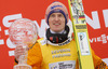 Winner Severin Freund of Germany celebrate his trophy for overall victory in the Viessmann FIS ski jumping World cup season 2014-2015 in Planica, Slovenia. Final competition of Viessmann FIS ski jumping World cup season 2014-2015 was held on Sunday, 22nd of March 2015 on HS225 ski flying hill in Planica, Slovenia.
