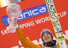 Winner Severin Freund of Germany celebrate his trophy for overall victory in the Viessmann FIS ski jumping World cup season 2014-2015 in Planica, Slovenia. Final competition of Viessmann FIS ski jumping World cup season 2014-2015 was held on Sunday, 22nd of March 2015 on HS225 ski flying hill in Planica, Slovenia.
