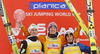 Winner Severin Freund of Germany (M), second placed Peter Prevc of Slovenia (L) and third placed Stefan Kraft of Austria (R) celebrate their medals for overall victory in the Viessmann FIS ski jumping World cup season 2014-2015 in Planica, Slovenia. Final competition of Viessmann FIS ski jumping World cup season 2014-2015 was held on Sunday, 22nd of March 2015 on HS225 ski flying hill in Planica, Slovenia.
