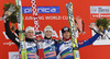 Winner Jurij Tepes of Slovenia (M) second placed Peter Prevc of Slovenia (L) and third placed Rune Velta of Norway (R) celebrate their medals won in the final competition of Viessmann FIS ski jumping World cup season 2014-2015 in Planica, Slovenia. Final competition of Viessmann FIS ski jumping World cup season 2014-2015 was held on Sunday, 22nd of March 2015 on HS225 ski flying hill in Planica, Slovenia.
