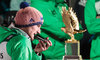 Severin Freund (GER) vor dem Pokal des Gesamtsiegers // Severin Freund of Germany in front of the overall trophy after his 2nd Competition Jump of Four Hills Tournament of FIS Ski Jumping World Cup at the Schattenbergschanze, Oberstdorf, Germany on 2015/12/29. EXPA Pictures © 2016, PhotoCredit: EXPA/ JFK
