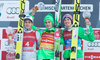 2nd placed Kenneth Gangnes of Norway ( L ), 1st placed Peter Prevc of Slovenia ( C ) 3rd placed Severin Freund of Germany ( R ) during Award ceremony of Four Hills Tournament of FIS Ski Jumping World Cup at the Olympiaschanze, Garmisch Partenkirchen, Germany on 2016/01/01.
