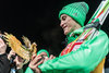 Winner Peter Prevc of Slovenia celebrate with the overall trophy after the podium of the Four Hills Tournament of FIS Ski Jumping World Cup at the Paul Ausserleitner Schanze in Bischofshofen, Austria on 2016/01/06.
