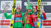 2nd placed Severin Freund of Germany Winner Peter Prevc of Slovenia and 3rd placed Michael Hayboeck of Austria celebrates on podium of the Four Hills Tournament of FIS Ski Jumping World Cup at the Paul Ausserleitner Schanze in Bischofshofen, Austria on 2016/01/06.
