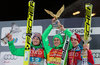 2nd placed Severin Freund of Germany Winner Peter Prevc of Slovenia and 3rd placed Michael Hayboeck of Austria celebrates on overall podium of the Four Hills Tournament of FIS Ski Jumping World Cup at the Paul Ausserleitner Schanze in Bischofshofen, Austria on 2016/01/06.
