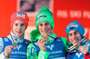 Silver Medalist Kenneth Gangnes of Norway World Champion and Gold Medalist Peter Prevc of Slovenia and bronze Medalist Stefan Kraft of Austria celebrate at the Medal Award Ceremony of FIS Ski Flying World Championships at the Kulm in Bad Mitterndorf, Austria on 2016/01/16.
