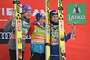 Winner Stefan Kraft of Austria (M), second placed Andreas Wellinger of Germany and third placed Noriaki Kasai of Japan (R) celebrate their medals won in the last competition of the FIS ski jumping World cup in Planica, Slovenia. Ski flying competition of FIS Ski jumping World cup in Planica, Slovenia, was held on Sunday, 26th of March 2017.
