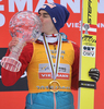 Overall FIS ski jumping World cup winner Stefan Kraft of Austria celebrates his success after last competition of FIS ski jumping World cup in Planica, Slovenia. Ski flying competition of FIS Ski jumping World cup in Planica, Slovenia, was held on Sunday, 26th of March 2017.
