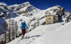 Ski touring in mountains above Slovenia highest road pass Vrsic near Kranjska Gora, Slovenia.
