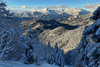 Ski touring in mountains above Jesenice, Slovenia, on windy but sunny 26th of December 2020. After 2 days of snowing mountains woke up in sunny day with 30cm of fresh snow, but also strong winds, which was drifting snow around.