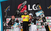 Winner Jasey Jay Anderson of Canada (M), second placed Andreas Prommegger of Austria (L) and third placed Benjamin Karl of Austria celebrate their medals won in parallel giant slalom of FIS Snowbord World Cup in Kreischberg, Austria. Parallel giant slalom of FIS Snowbord World Cupwas held in Kreischberg, Austria, on 6th of January 2010.
