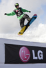 Mario KAEPPELI SUI takes to the air during the qualification round prior of the FIS Snowboard Big Air World Cup at the London Freeze Festival at Battersea Power Station, London.
