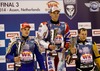 Winner Daniil Ivanov of Russia (M), second placed Dimitry Koltakov of Russia (L) and third placed Dimitri Khomitsevich of Russia (R) celebrate their medals won in FIM Icespeedway World Championship GP at the Roundcourse in Assen, Netherlands on 2014/03/09.
